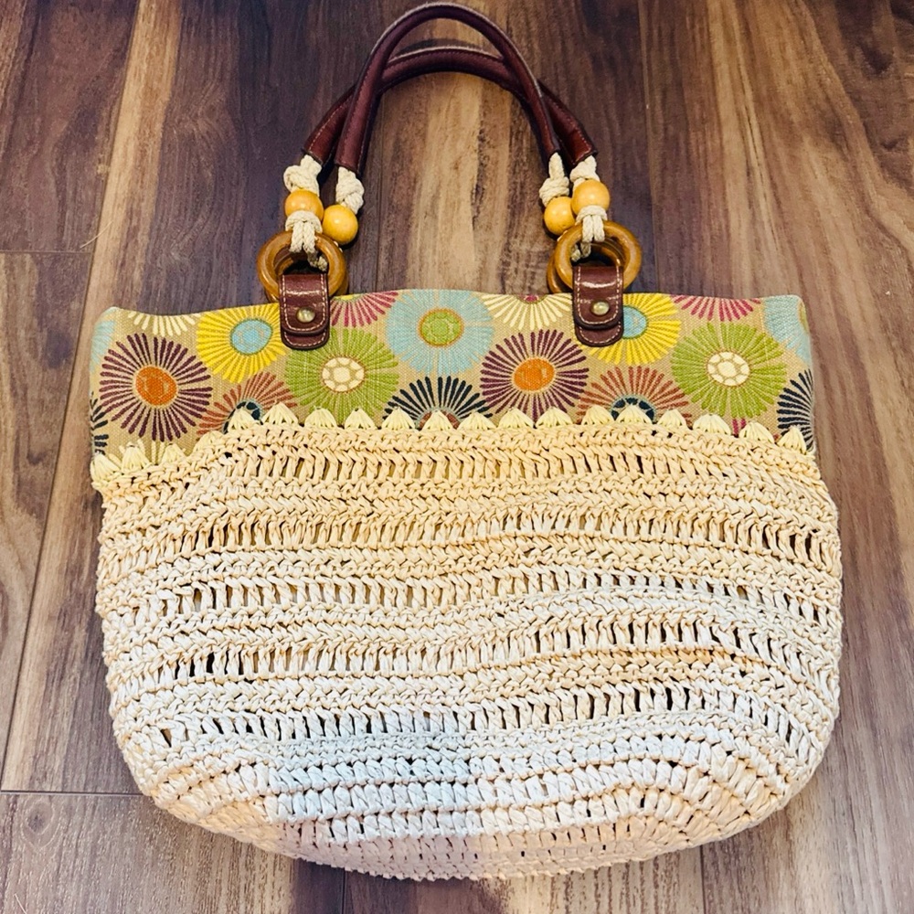Fossil Long Live Vintage 1954 Raffia Purse Tote with Multicolor Floral Trim